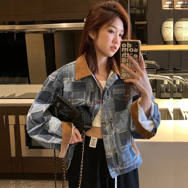 Korean Solid Lapel Splicing Tie Dye Plaid Denim Jacket Autumn Women Harajuku Vintage Long Sleeve Jeans Jacket Streetwear Casual
Korean Solid Lapel Splicing Tie Dye Plaid Denim Jacket Autumn Women Harajuku Vintage Long Sleeve Jeans Jacket Streetwear Casual