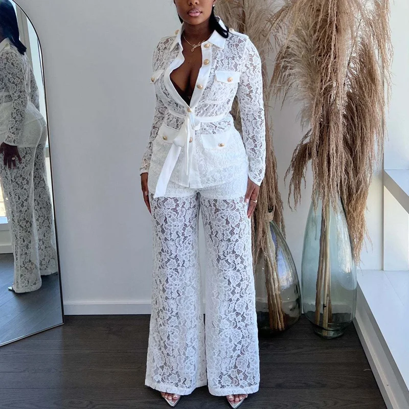Fashion Solid Women 2 Pieces Sets Sexy See Through Night Party Elegant Tracksuit Lace shirt Wide Leg Pants Matching Set
Fashion Solid Women 2 Pieces Sets Sexy See Through Night Party Elegant Tracksuit Lace shirt Wide Leg Pants Matching Set