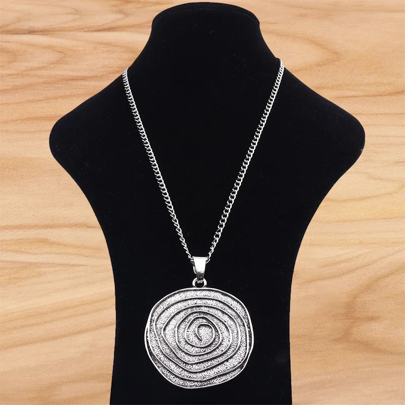 

1 Piece Tibetan Silver Large Round Vortex Swirl Spiral Irregular Jewelry Pendant Necklace on Long Link Chain Lagenlook 34"