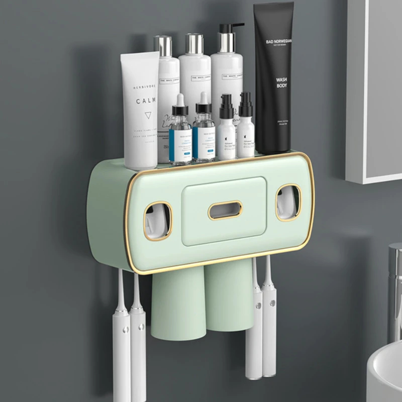 

Магнитный поглощающий инвертированный держатель для зубных щеток, 2 автоматических дозатора для зубной пасты, стеллаж для хранения, набор а...