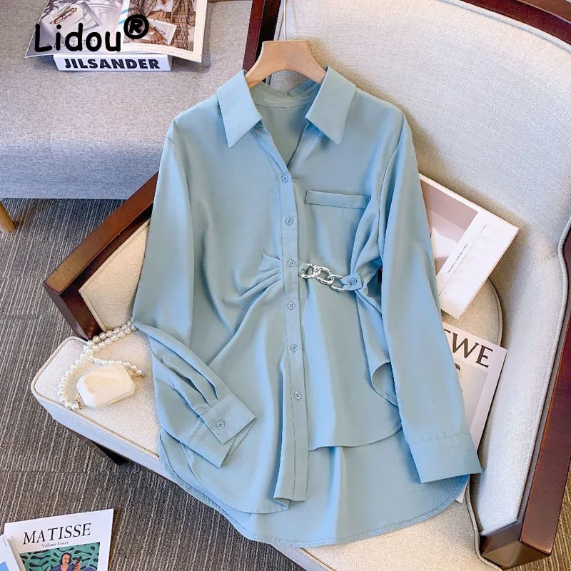 

Женская Асимметричная блузка на пуговицах, элегантная повседневная деловая рубашка с оборками и цепочками, модная Свободная блузка в Корейском стиле с длинным рукавом, топы