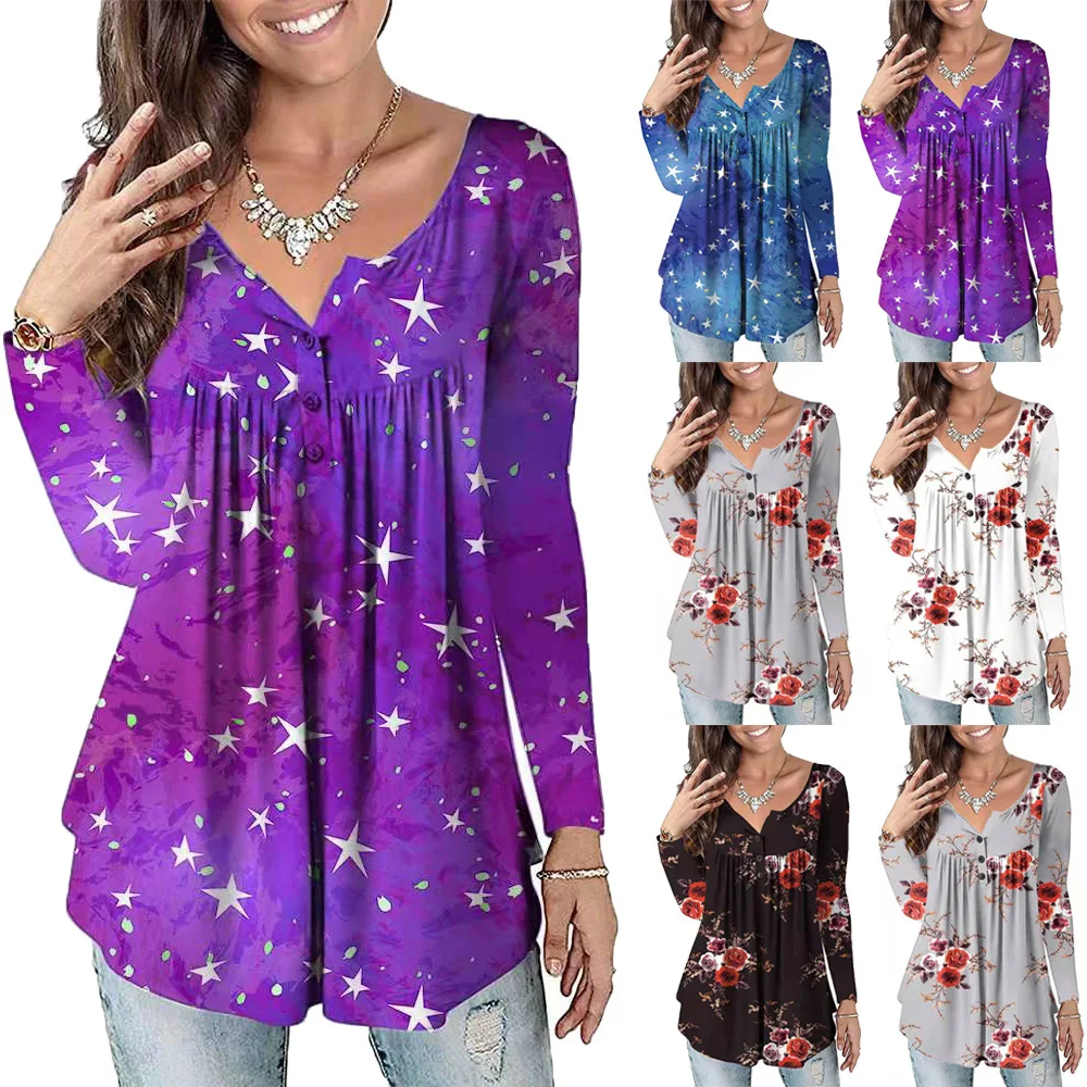 Spring and Autumn Fashion Women's Flower Star Print Open Button V-Neck Long Sleeve T-Shirt Casual Commuter Office Top Lady
Spring and Autumn Fashion Women's Flower Star Print Open Button V-Neck Long Sleeve T-Shirt Casual Commuter Office Top Lady