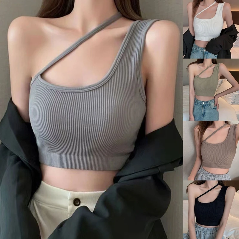 

Women Sexy One Shoulder Sleeveless Crop Top Strappy Ribbed Knit Padded Cami Vest