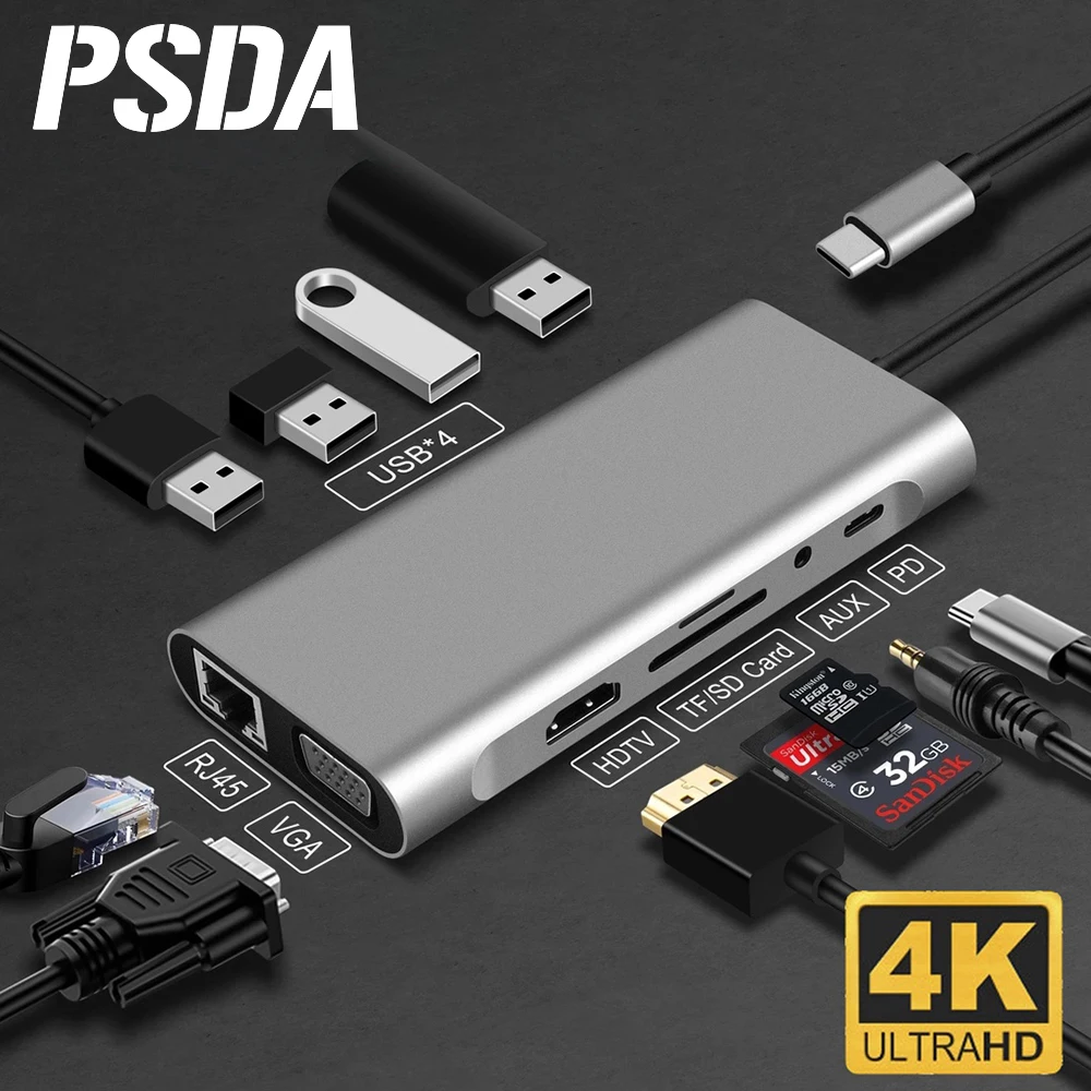 

PSDA 3D 11 in 1 Multiple USB Hub 3.0 Port Type C Adaptor for Macbook Laptop HDTV PD Charger Audio VGA RJ45