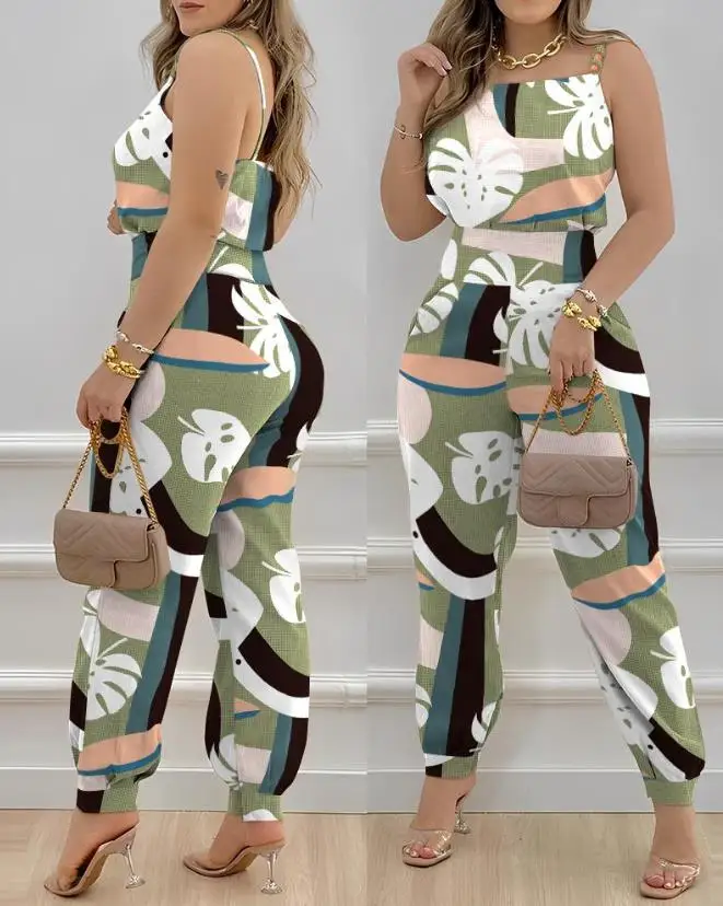 

Tropical Print Cami Top&high Waist Cuffed Pants Set Summer Women's Two Piece Fashion Sexy Casual Street Apparel
