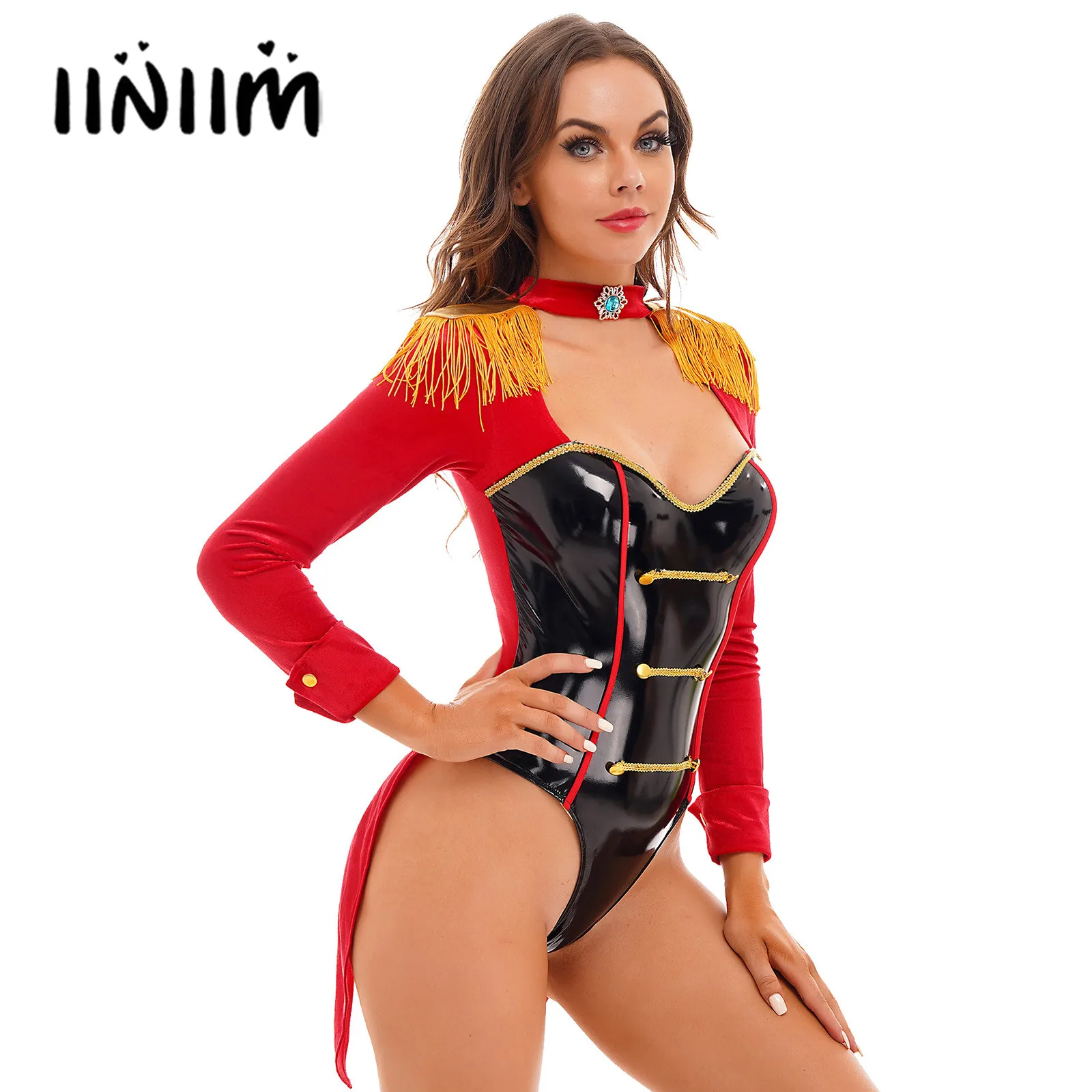 

Womens Circus Ringmaster Halloween Cosplay Costume Tassel Shoulder Board Long Sleeve Bodysuit Patchwork Swallow-Tailed Catsuit