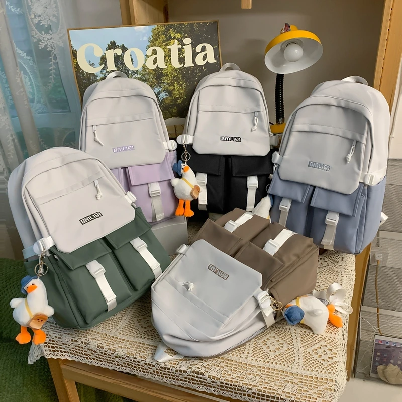 

Nylon Waterproof Women Backpack Multiple Pockets School Bag for Girls Cute Pendant Travel Backpacks Large Capacity Bookbags