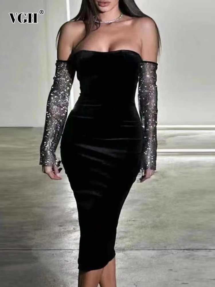 VGH Sexy Spliced Sequins Strapless Dress For Women Slash Neck Long Sleeve High Waist Split Skinny Bodycon Dresses Female Clothes 
VGH Sexy Spliced Sequins Strapless Dress For Women Slash Neck Long Sleeve High Waist Split Skinny Bodycon Dresses Female Clothes