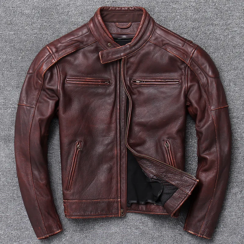 

2023May Khaki high-end leather clothing men's stand-up collar short vintage do old oxskin jacket handsome riding motorcycle suit