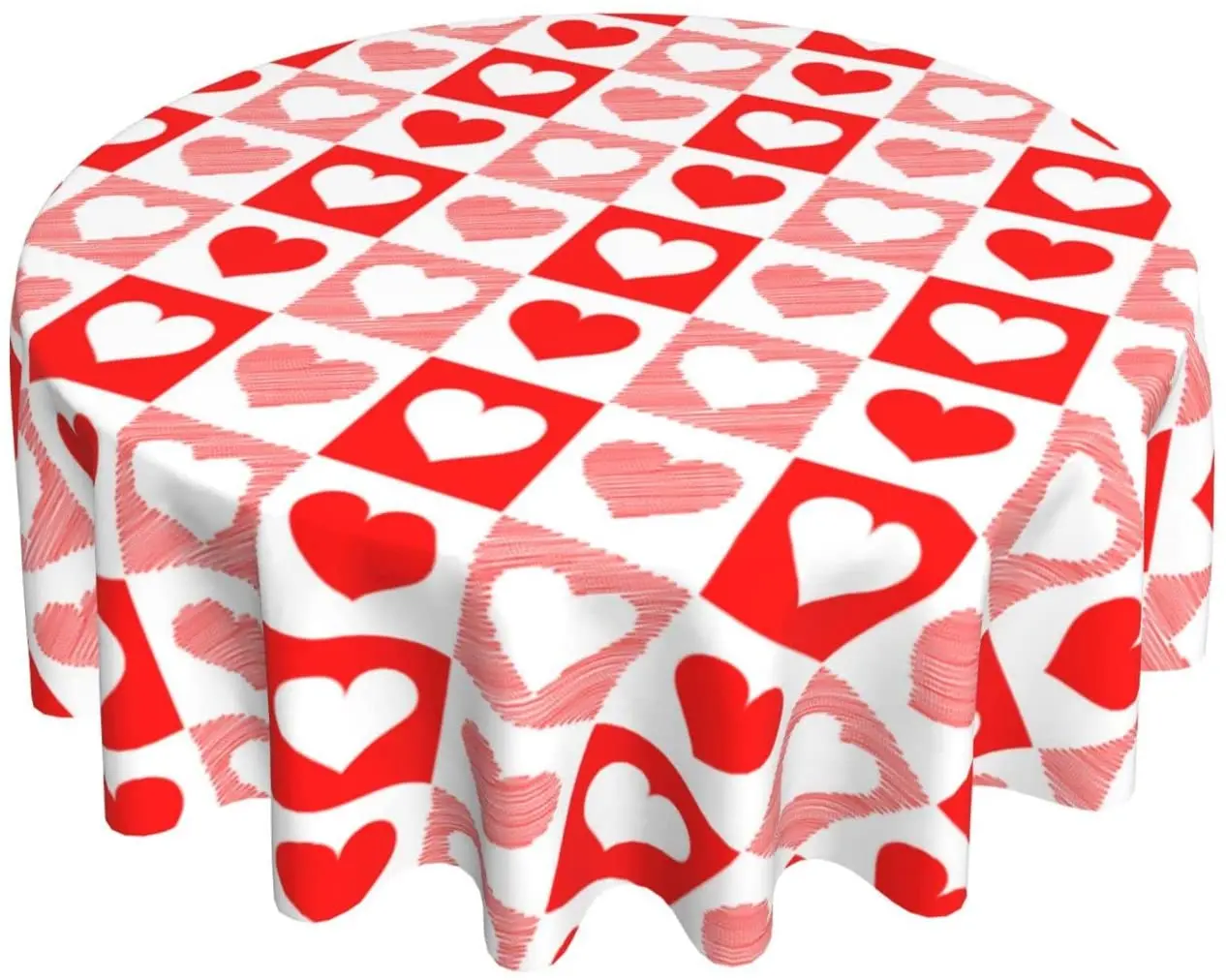 

Valentine's Day Love Heart Red Buffalo Plaid Round Tablecloth 60 Inch Romantic Tablecloths for Waterproof Polyester Table Cover