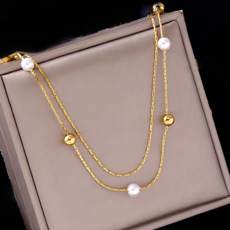 Stainless Steel Beaded High Quality Necklace Gentle Pearl Clavicle Chain Temperament Gold Double Layer Round Necklace for Girls
Stainless Steel Beaded High Quality Necklace Gentle Pearl Clavicle Chain Temperament Gold Double Layer Round Necklace for Girls