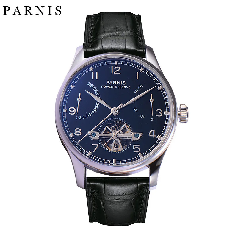 

Fashion Parnis 43mm Black Skeleton Dial Automatic Men's Watch Power Reserve Tourbillon Mechanical Men Watches reloj hombre Clock