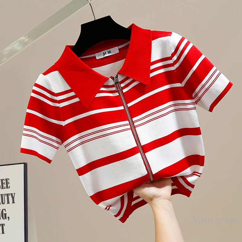 Double Zipper Slim-Fit Short Striped Knitwear T-Shirt for Women All-Match High Waist Top Trendy Ladies Summer Tees 2022
Double Zipper Slim-Fit Short Striped Knitwear T-Shirt for Women All-Match High Waist Top Trendy Ladies Summer Tees 2022