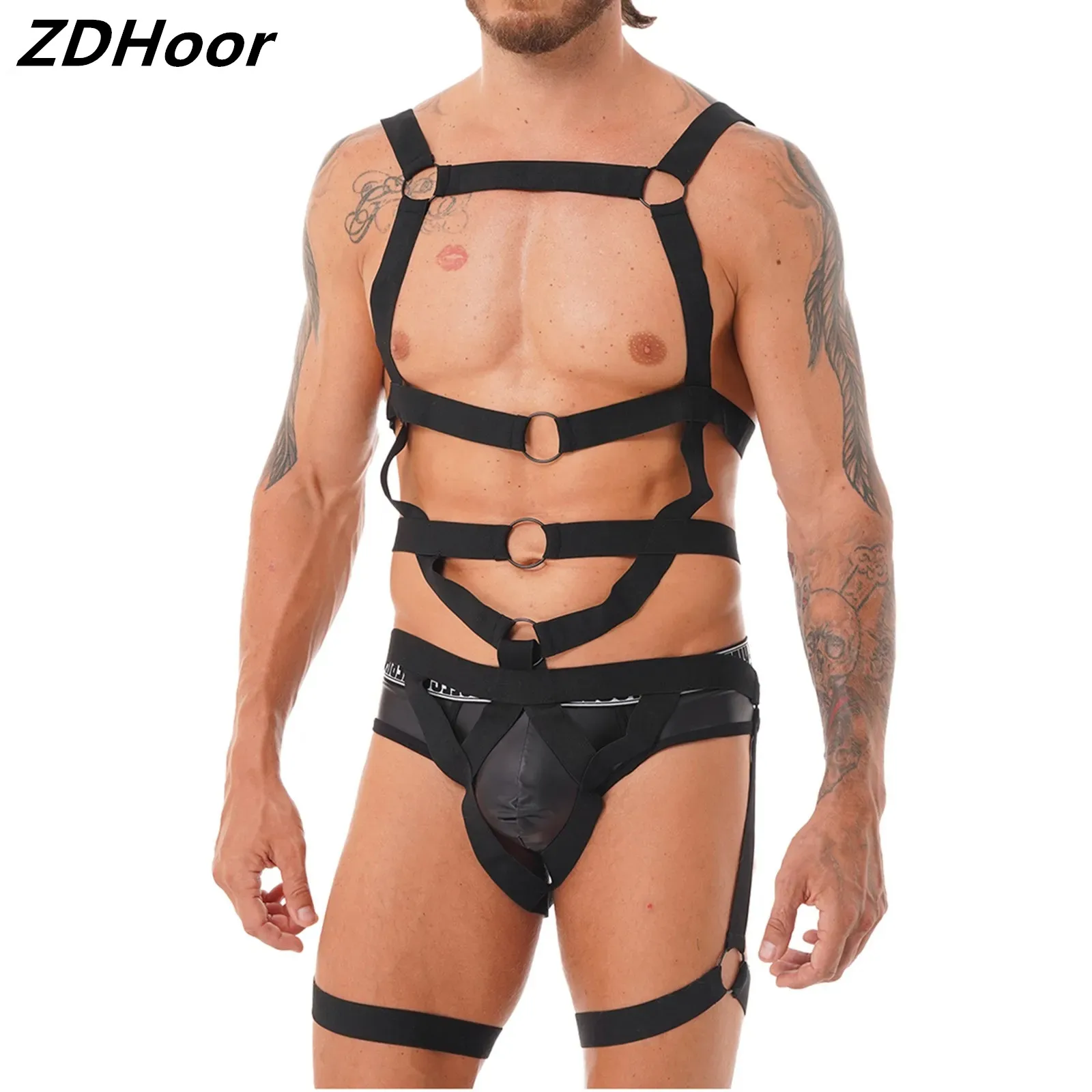 

Sexy Men Harness Belt Set Elastic Shoulder Chest Belt Straps Bodysuit Leg Ring Bondage Lingerie Nightclub Pole Dancing Costume