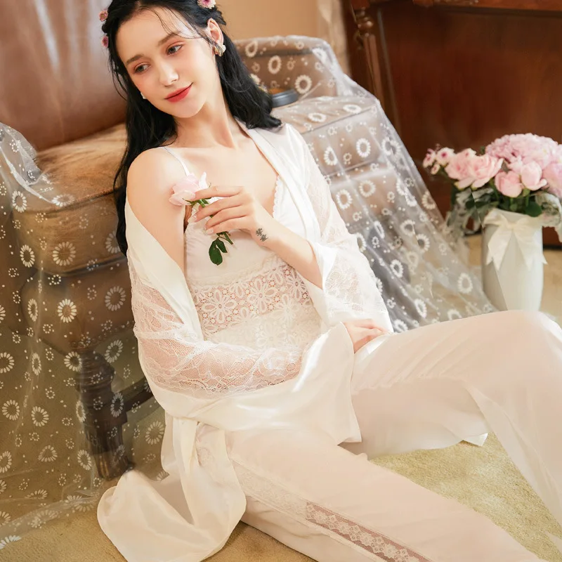 White Satin Pajamas Women Vintage Sexy Lace Splice Sleep Tops Bottoms Pants Robe Sets Princess Sleepwear Nightwear Fairy Pijamas
White Satin Pajamas Women Vintage Sexy Lace Splice Sleep Tops Bottoms Pants Robe Sets Princess Sleepwear Nightwear Fairy Pijamas