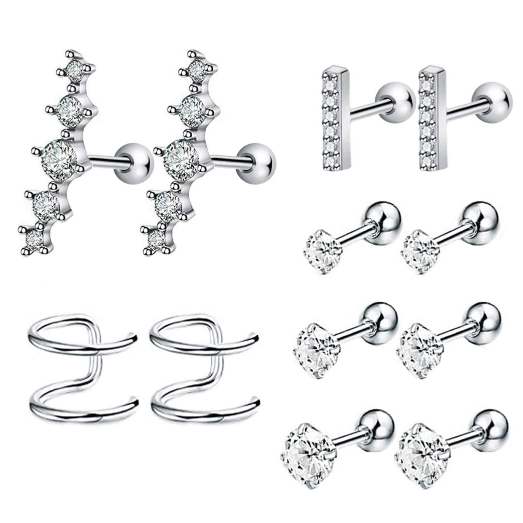 

1-6 Pairs 16G Stainless Steel Stud Earrings for Women Girls Cartilage Earrings Cuff Ball CZ Tragus Helix Conch Daith Piercing Je