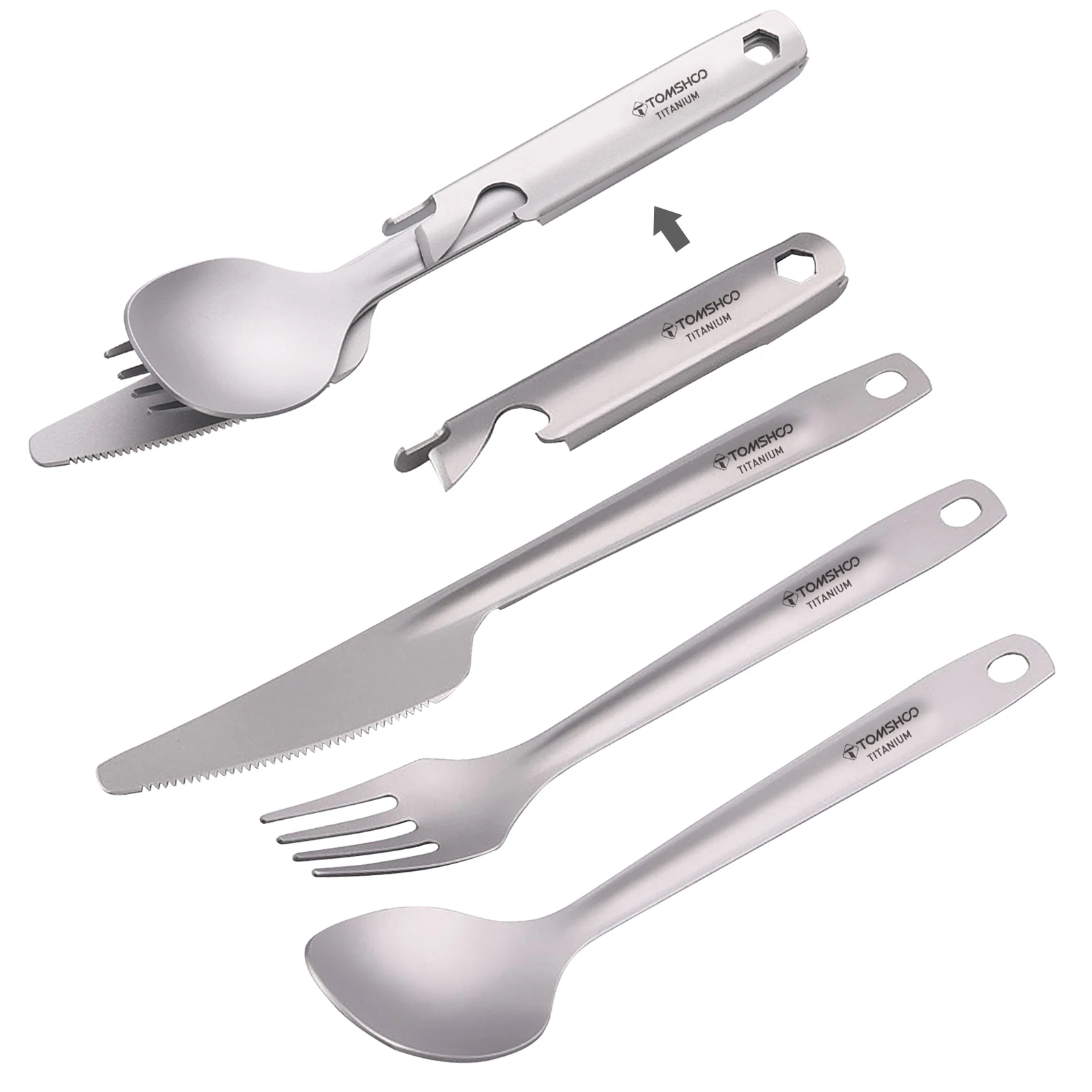 Hiking 4-in-1 Titanium Cutlery Flatware Set Lightweight Spoon Fork Cutter with Multifunctional Storage Holder Bottle Opener
Hiking 4-in-1 Titanium Cutlery Flatware Set Lightweight Spoon Fork Cutter with Multifunctional Storage Holder Bottle Opener