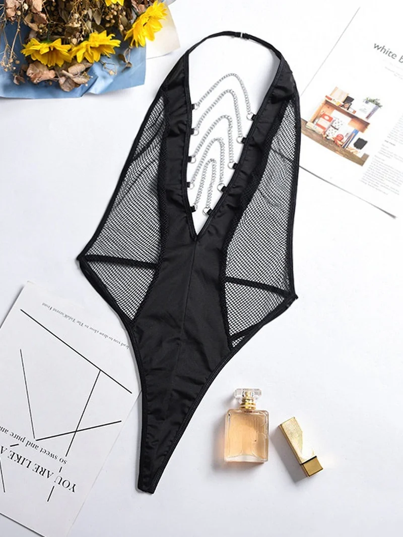 Women's Sexy Lingerie Exotic Fishnet Underwear Halter Deep V-neck Chain Transparent Bodysuit Backless Seducive Tights Thongs
Women's Sexy Lingerie Exotic Fishnet Underwear Halter Deep V-neck Chain Transparent Bodysuit Backless Seducive Tights Thongs