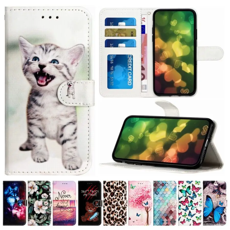 

Cat Magnolia Painted Stand Case For Samsung Galaxy S5 S6 S7 S8 S9 S10 S20 S21 FE S22 Plus Ultra Wallet Card Storage Cover Etui