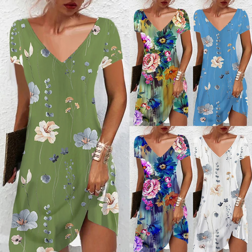 Женское мини-платье с цветочным принтом, V-образным вырезом и коротким рукавом
Женское мини-платье с цветочным принтом, V-образным вырезом и коротким рукавом