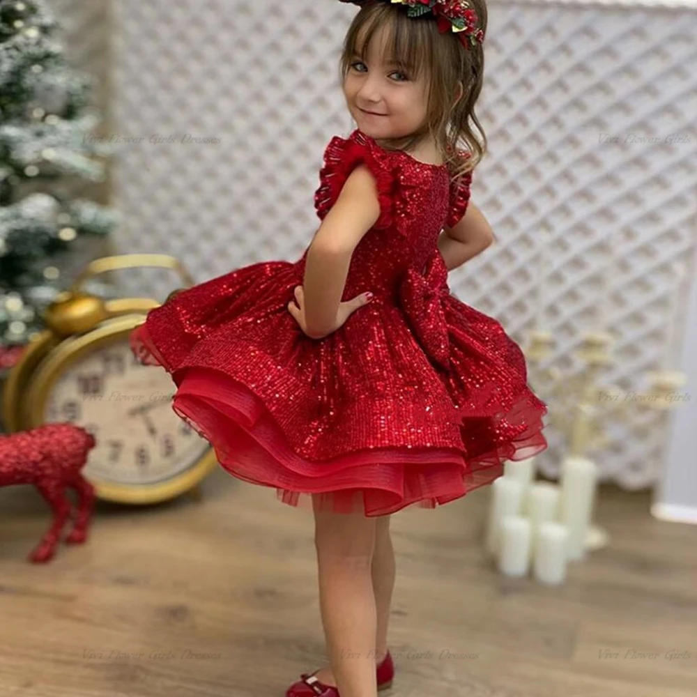 

Cute O Neck Red Baby Girl Birthday Party Gown Knee Length Sequined Tutu Princess Flower Girl Dress Pageant Christmas Gown