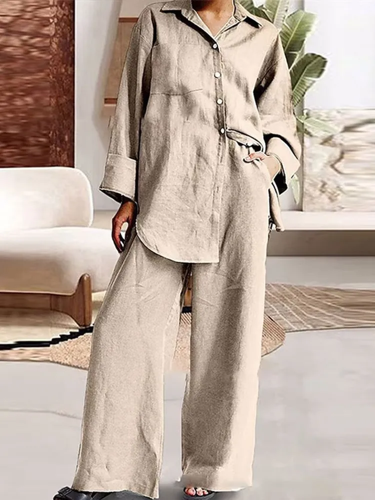 2023 Autumn Fashion Loose Women's Pants Blouse 2 Piece Set Spring Female Cotton Casual Lapel Single Breasted Wide Leg Pants Suit
2023 Autumn Fashion Loose Women's Pants Blouse 2 Piece Set Spring Female Cotton Casual Lapel Single Breasted Wide Leg Pants Suit