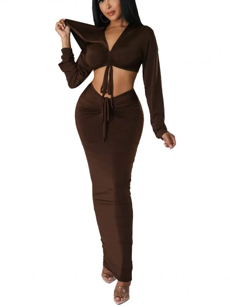 Женский комплект из двух предметов с длинной юбкой, укороченный Топ с длинным рукавом и капюшоном и привлекательная облегающая юбка с высокой талией, Женский вечерний комплект
Женский комплект из двух предметов с длинной юбкой, укороченный Топ с длинным рукавом и капюшоном и привлекательная облегающая юбка с высокой талией, Женский вечерний комплект