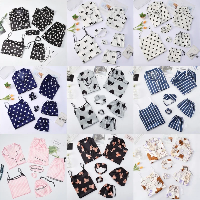 silk Women Pajamas Set 7 Pieces Satin Stripes Faux Silk Printing Pajamas For Woman Spring Summer Sleepwear Homewear suit
silk Women Pajamas Set 7 Pieces Satin Stripes Faux Silk Printing Pajamas For Woman Spring Summer Sleepwear Homewear suit