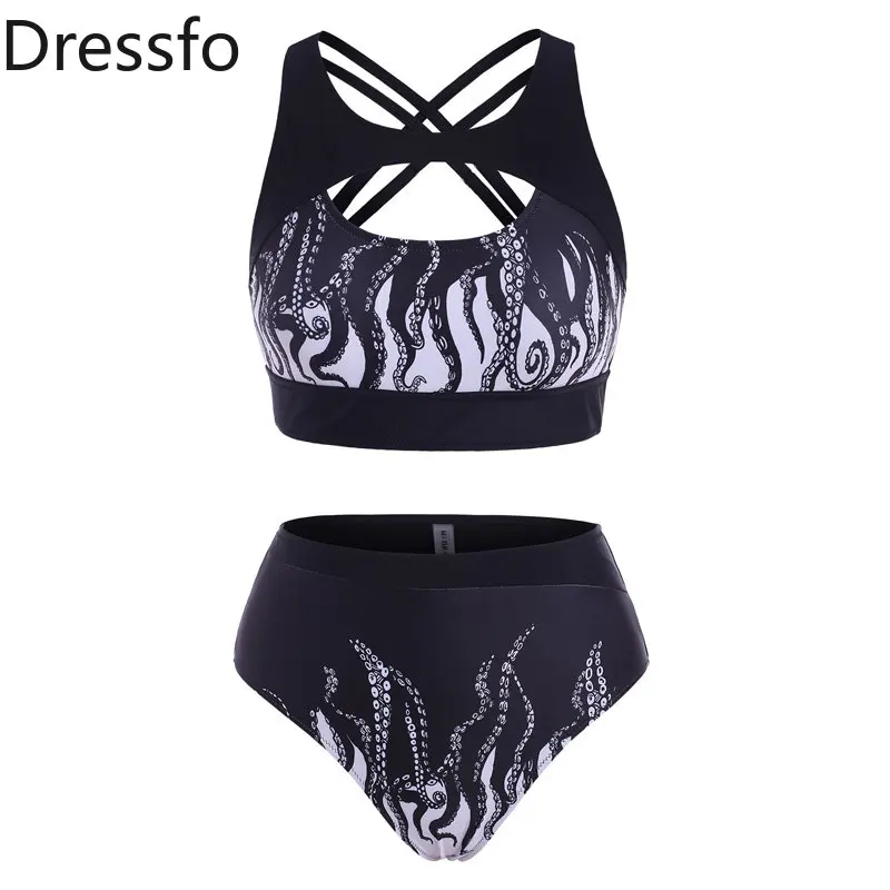 

Dressfo Beach Cutout Swimsuit Back Criss Cross Octopus Print Tankini High Waist Shorts Bikini Set Swimwear 2023 Women