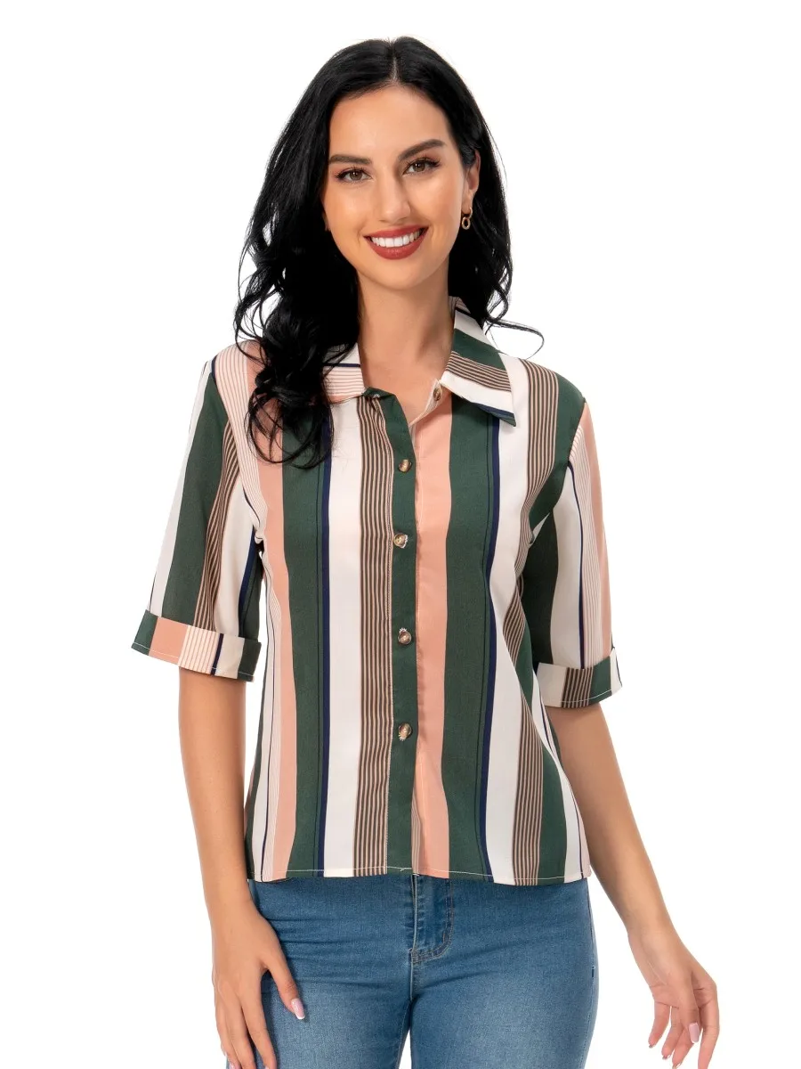 Women Summer Simple Style Blouses Shirts Lady Casual Short Sleeve Turn-down Collar Striped Printed Blusas Tops DF4653 
Women Summer Simple Style Blouses Shirts Lady Casual Short Sleeve Turn-down Collar Striped Printed Blusas Tops DF4653