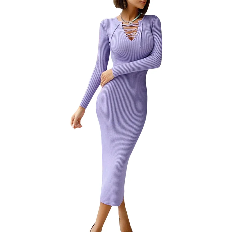 Elegant Party Knit Bodycon Dresses Women Fall Winter Solid Fashion Club Long Sleeve Cross Bandage V Neck Slim Dress Purple Black
Elegant Party Knit Bodycon Dresses Women Fall Winter Solid Fashion Club Long Sleeve Cross Bandage V Neck Slim Dress Purple Black