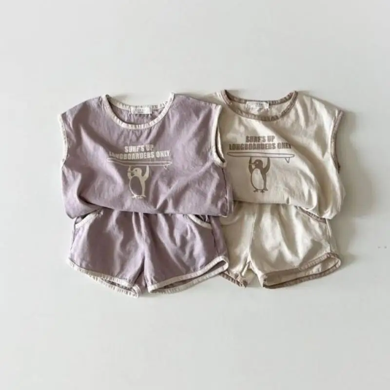 Infant Fashion Penguin Vest Boy Personality Letter Sleeveless Tops And Baby Girl Solid Cotton Shorts Set Kid Summer Suit 
Infant Fashion Penguin Vest Boy Personality Letter Sleeveless Tops And Baby Girl Solid Cotton Shorts Set Kid Summer Suit