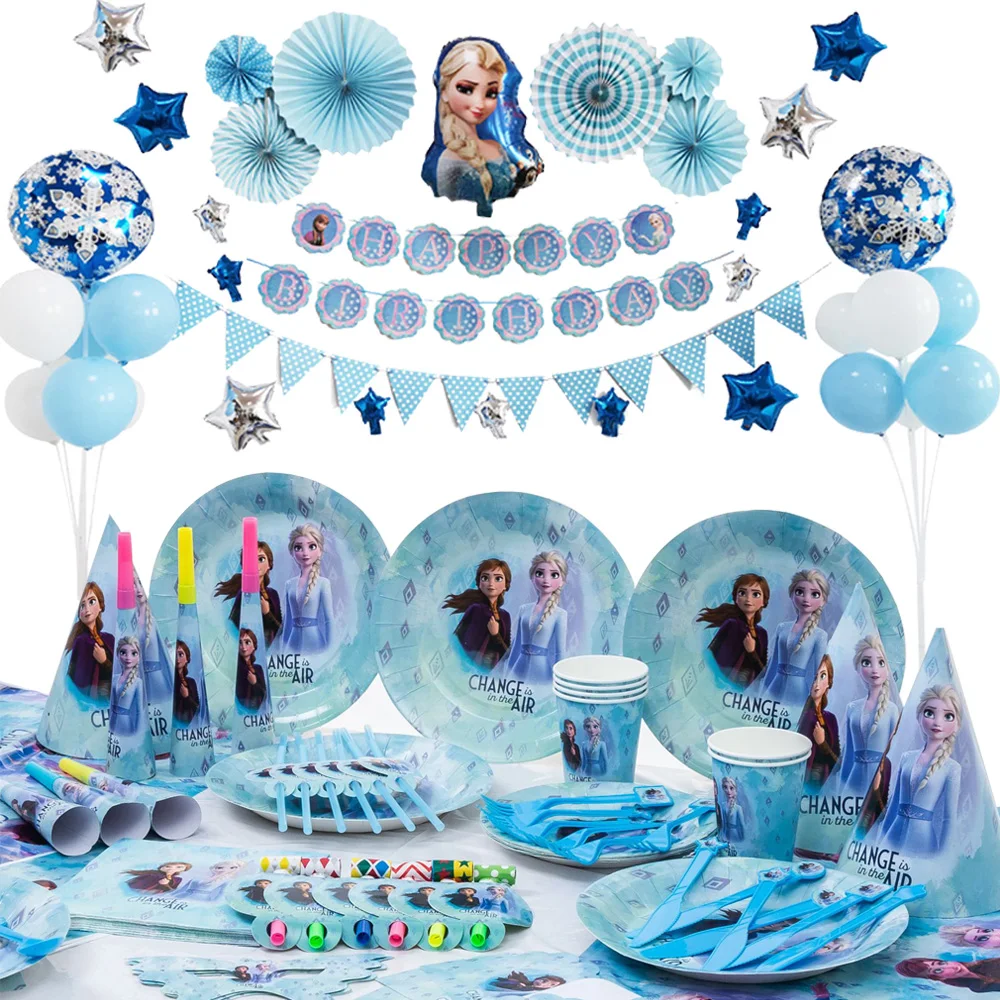 

Disney Frozen 2 Elsa Snow Princess Theme Party Paper Plates Cups Banner Cake Topper First Birthday Decoration Girl Baby Favor