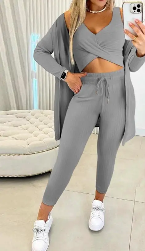 Elegant 3Pcs Ribbed Criss Cross Crop Top & Drawstring Pants Set with Coat Three Piece Set Women Outfit 2023 Autumn New Fashion
Elegant 3Pcs Ribbed Criss Cross Crop Top & Drawstring Pants Set with Coat Three Piece Set Women Outfit 2023 Autumn New Fashion