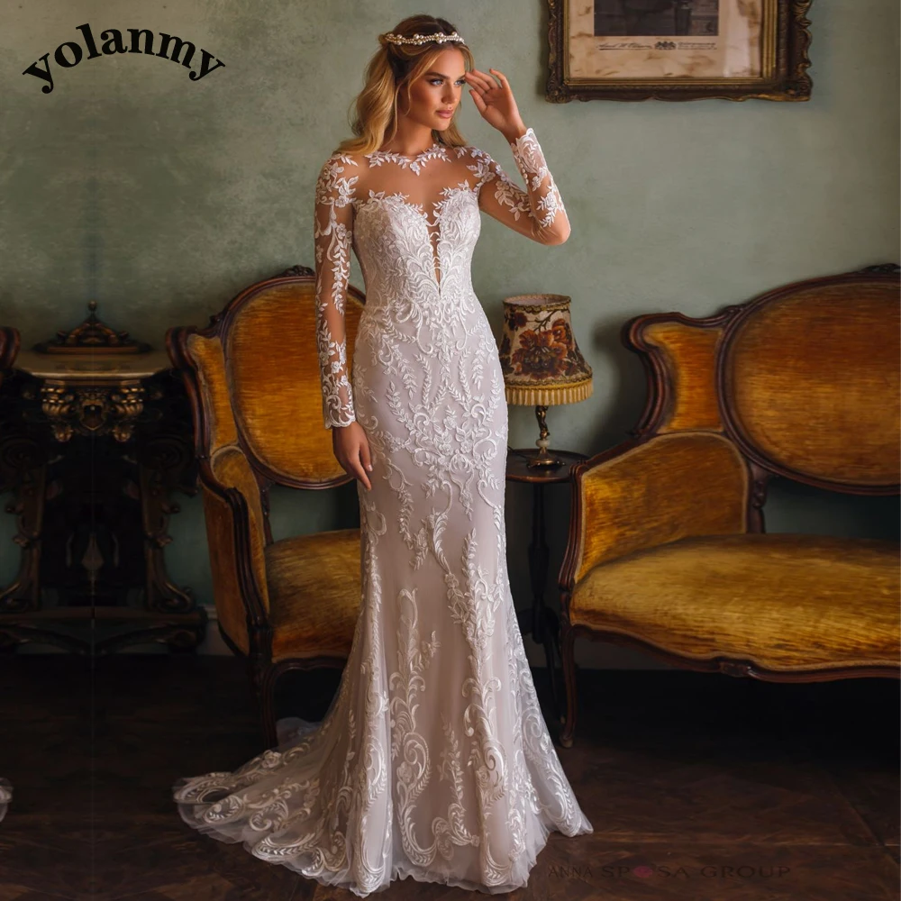 

YOLANMY Mermaid SCOOP Buttons Appliques Charming Illusion Wedding Dresses For Mariages Fairytale Full-Sleeves Made To Order