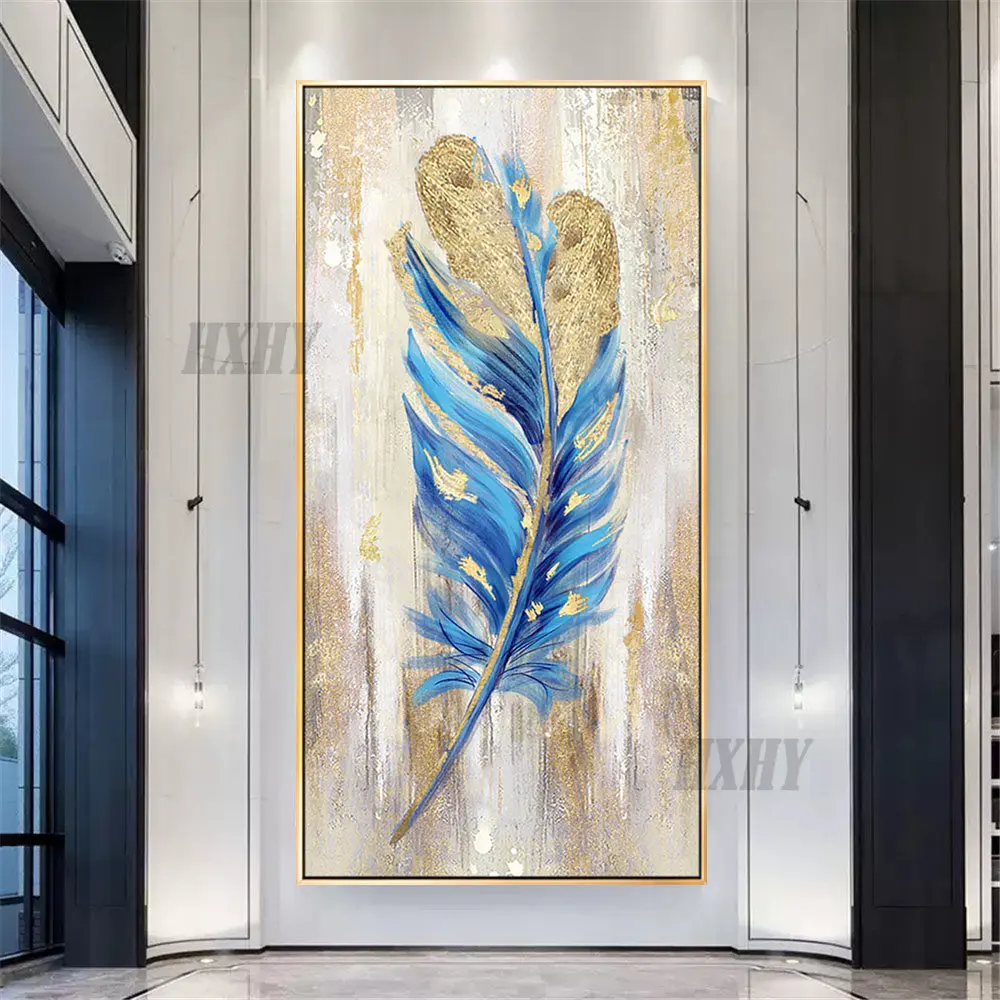 Handmade vertical blue feather gold foil craft wall painting fashion light luxury room decor on modern living room oil painting
Handmade vertical blue feather gold foil craft wall painting fashion light luxury room decor on modern living room oil painting