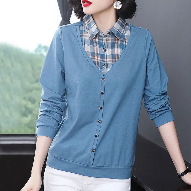 Spring Autumn Casual Long Sleeve Plaid Spliced Tops Fashion Fake Two Pieces Women's Clothing All-match Button Polo-Neck T-shirt
Spring Autumn Casual Long Sleeve Plaid Spliced Tops Fashion Fake Two Pieces Women's Clothing All-match Button Polo-Neck T-shirt