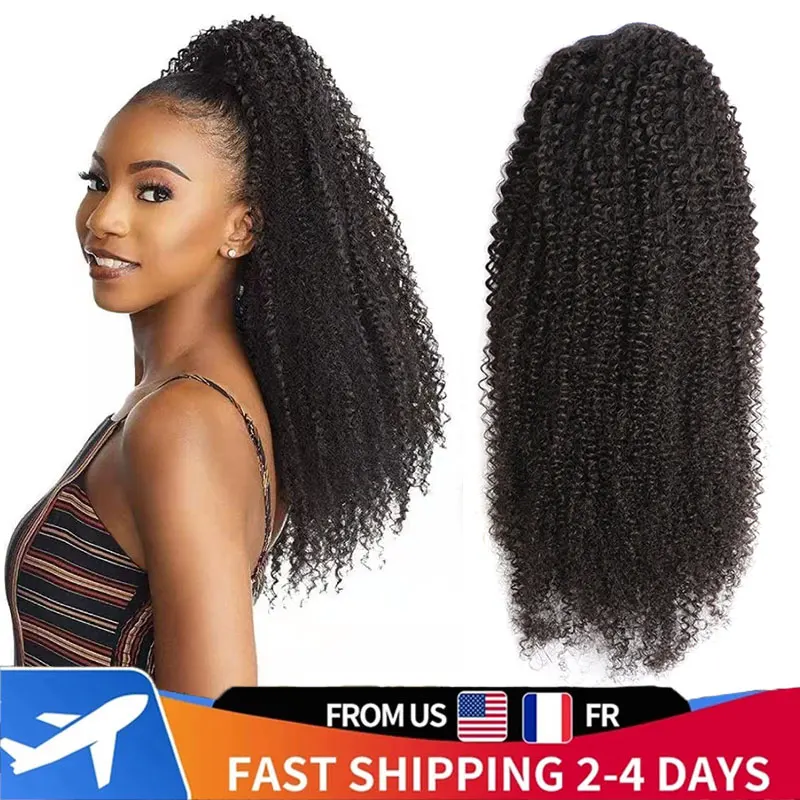 

Kinky Curly Ponytail Human Hair Extensions For Women Clip Ins Wet And Wavy Brazilian Virgin Drawstring Human Natural Hairpiece