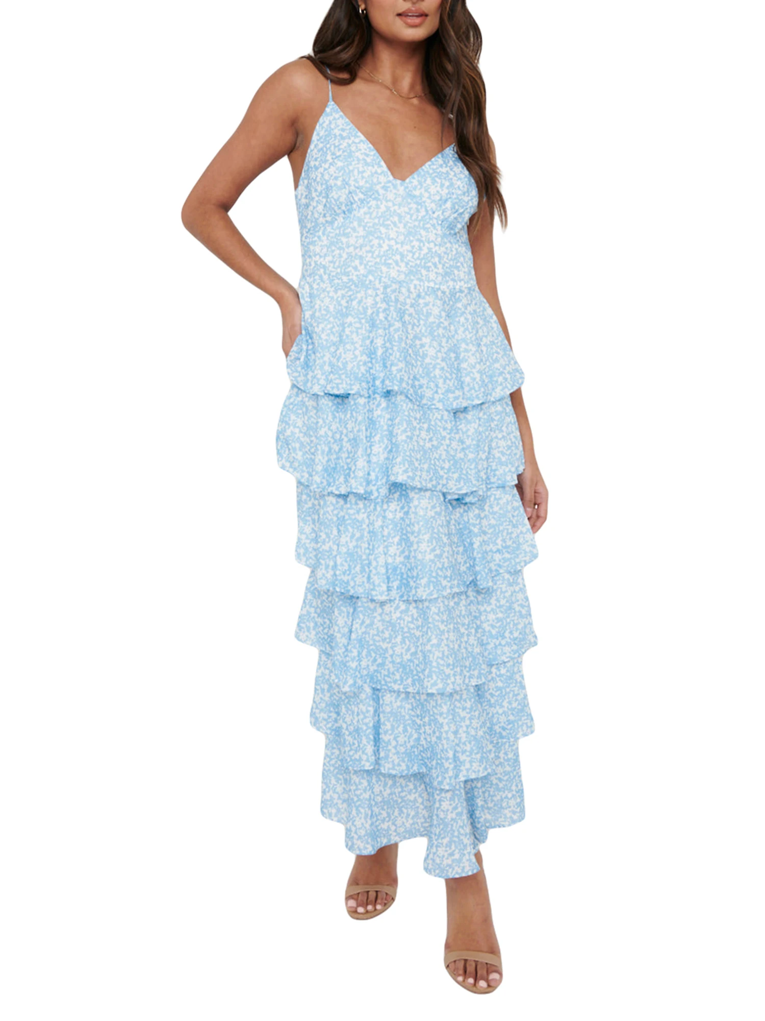 

Women Bodycon Ruffles Spaghetti Strap Maxi Dress V-Neck Tiered Sleeveless Cami Floral Print Summer Casual Beach Party Long Dress