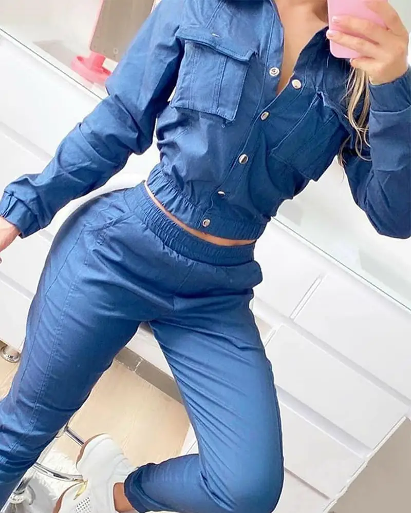DesignTwo-Piece Set Suits Set Female Autumn Clothes Pocket Top & Flared Pants Set DenimFashion Casual Women
DesignTwo-Piece Set Suits Set Female Autumn Clothes Pocket Top & Flared Pants Set DenimFashion Casual Women