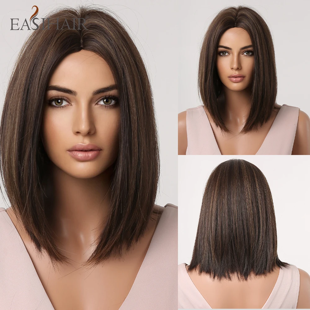 

EASIHAIR Brown Short Bob Synthetic Wigs Blonde Highlights with Bangs Natural Hair Wig for Black Women Cosplay Heat Resistant Wig