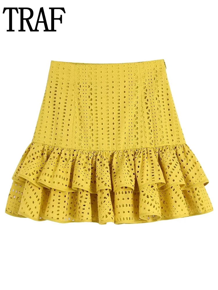 TRAF Ruffle Women Skirt High Waist Short Skirts Suits Woman Cutwork Embroidery Mini Skirts Womens 2022 Summer Yellow Beach Skirt 
TRAF Ruffle Women Skirt High Waist Short Skirts Suits Woman Cutwork Embroidery Mini Skirts Womens 2022 Summer Yellow Beach Skirt