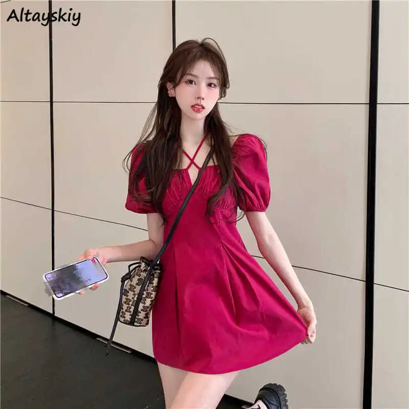 Short Sleeve Dresses Women Elegant Sweet Lovely Solid Mini Halter Neck Trendy Casual Daily Ulzzang Платье Женское Retro Summer
Short Sleeve Dresses Women Elegant Sweet Lovely Solid Mini Halter Neck Trendy Casual Daily Ulzzang Платье Женское Retro Summer