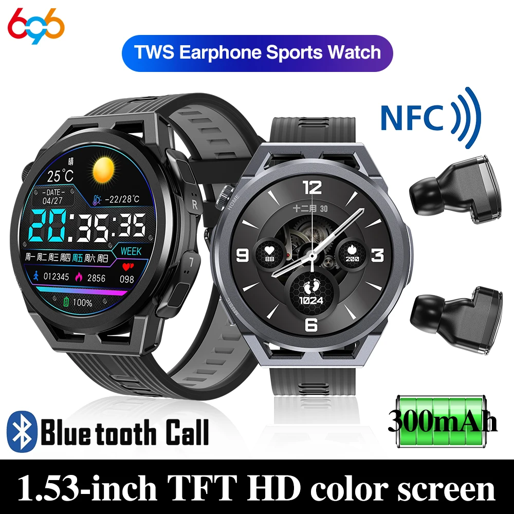 

1.53" 2in1 TWS Earphone Smartwatch Blue Tooth Call Sports 32GB Local Memory Music Sound Recording 2 in 1 Headset NFC Smart Watch