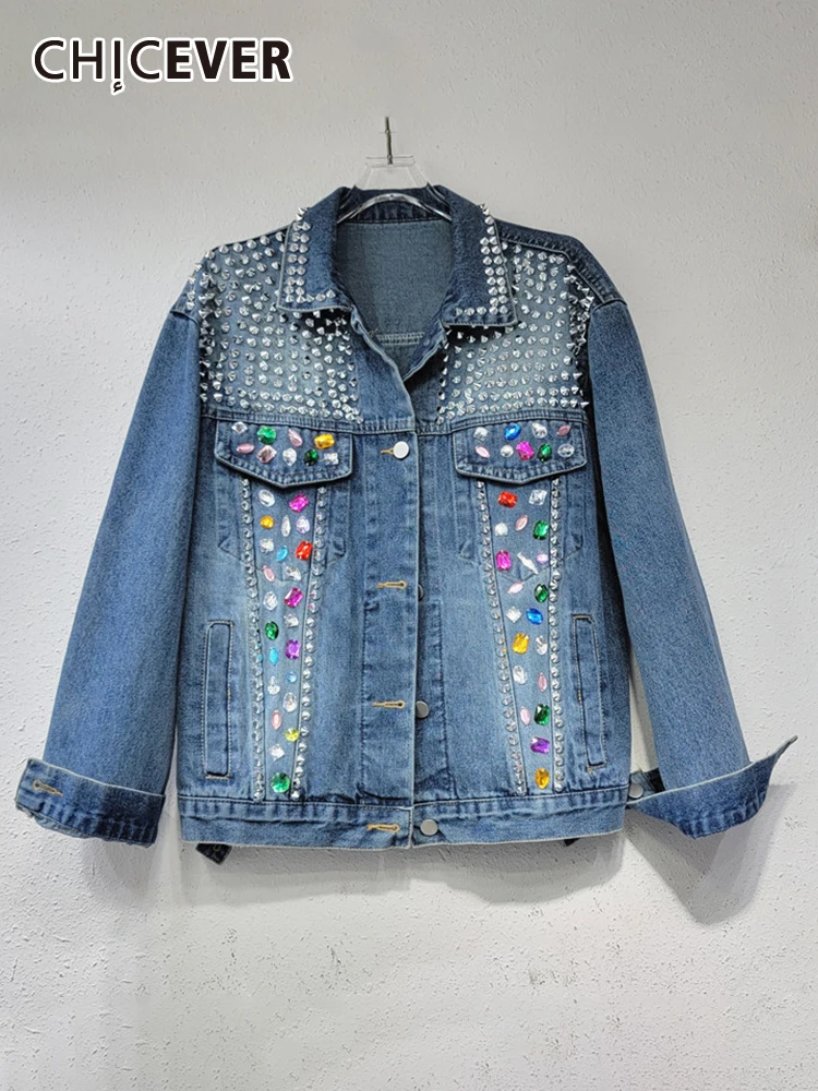 

CHICEVER Hit Color Denim Jackets For Women Lapel Long Sleeve Single Breasted Spliced Embroidered Flares Autumn Jacket Female New