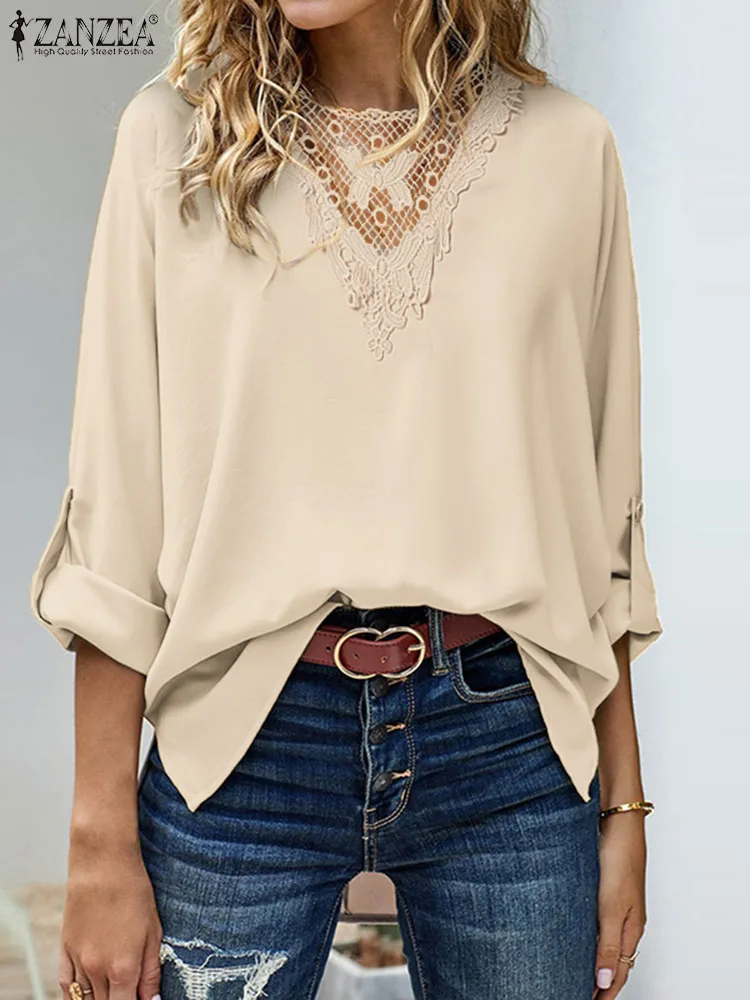 

ZANZEA Casual Loose Women Tops Solid Color Fashion Long Sleeve 2023 Spring Blusa High-Low Side Slit Round Neck Lace Trim Blouses