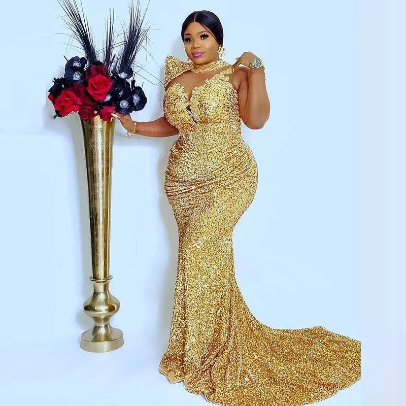 

African Women Sequined Prom Dresses Illusion Long Sleeves High Neck Appliques Plus Size Evening Mermaid Aso Ebi Gowns فستان سهرة