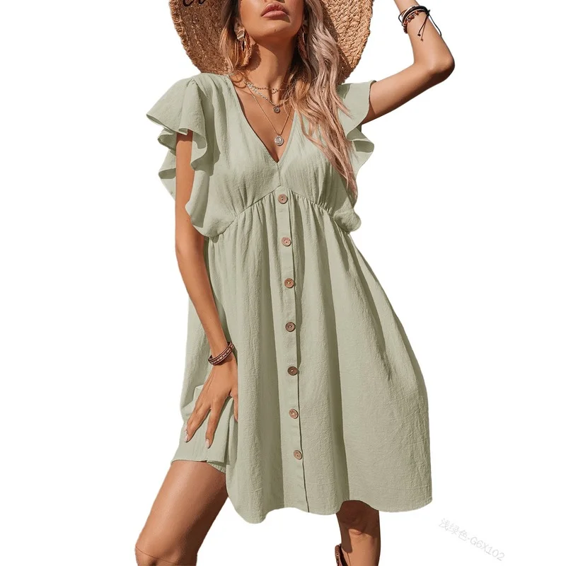 Women Dress Sexy Solid Loose Lotus Leaf Pleated Stitching Mini Dress Summer Short Ruffle Sleeve V-neck Single Breasted Dress
Women Dress Sexy Solid Loose Lotus Leaf Pleated Stitching Mini Dress Summer Short Ruffle Sleeve V-neck Single Breasted Dress