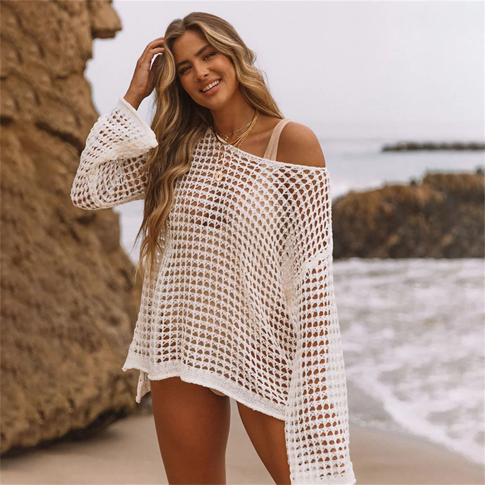

Crochet Top Hollow Out Top Knitted Outer Cover 2022 New Blusas Solid Smock Mesh Crop Tops Women Cover-ups Sexy Beach Wear White