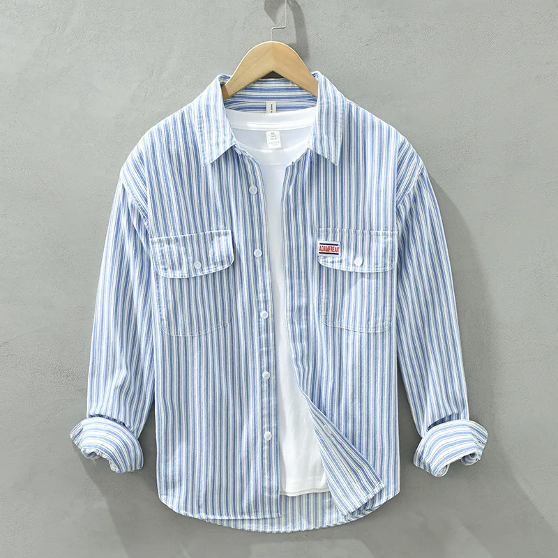 2022 Fashion Pure Cotton Striped Men's Long Sleeve Shirt Loose Casual Double Chest Pockets Button Up Work Blouse Tops Shirts Man
2022 Fashion Pure Cotton Striped Men's Long Sleeve Shirt Loose Casual Double Chest Pockets Button Up Work Blouse Tops Shirts Man